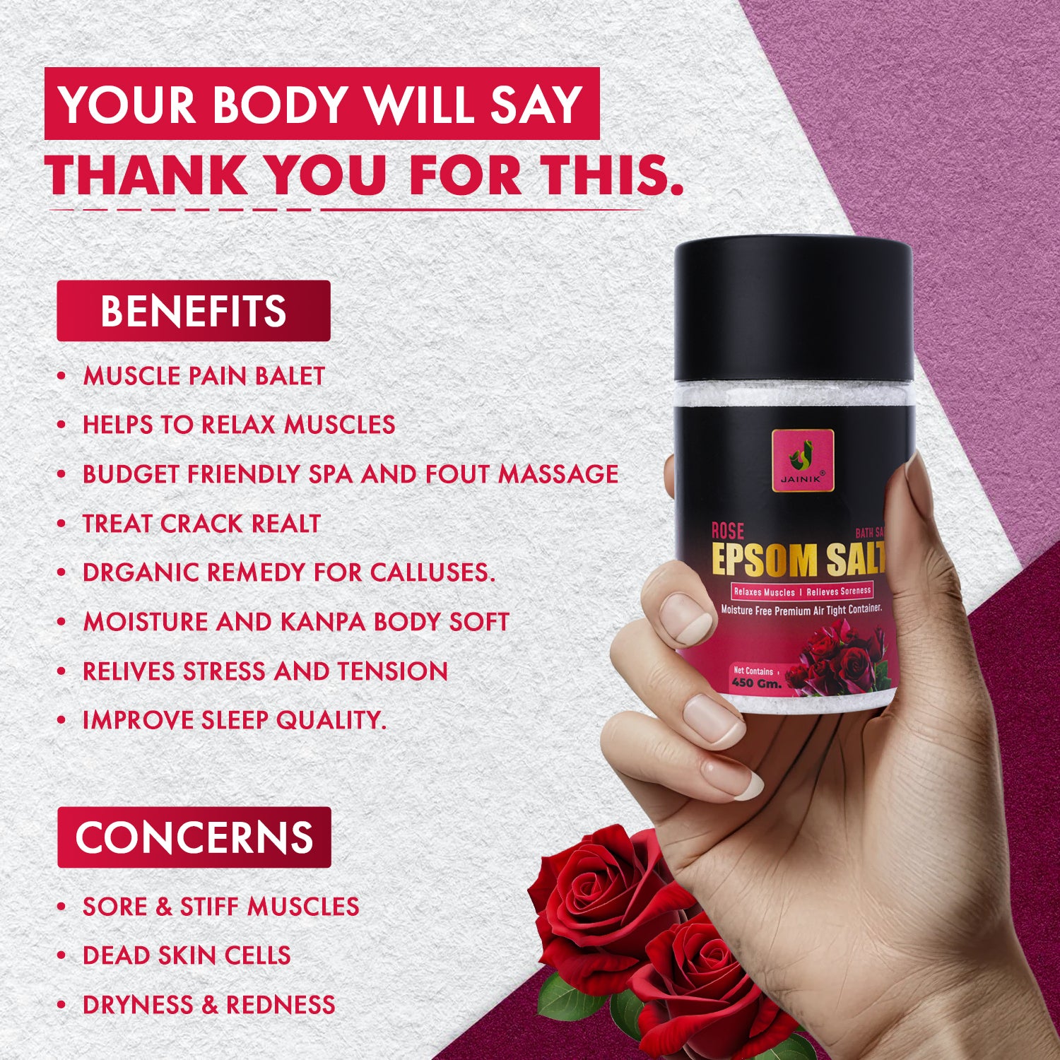 Rose Bath/Epsom Salt & Magnesium Sulphate For Muscle Relaxation