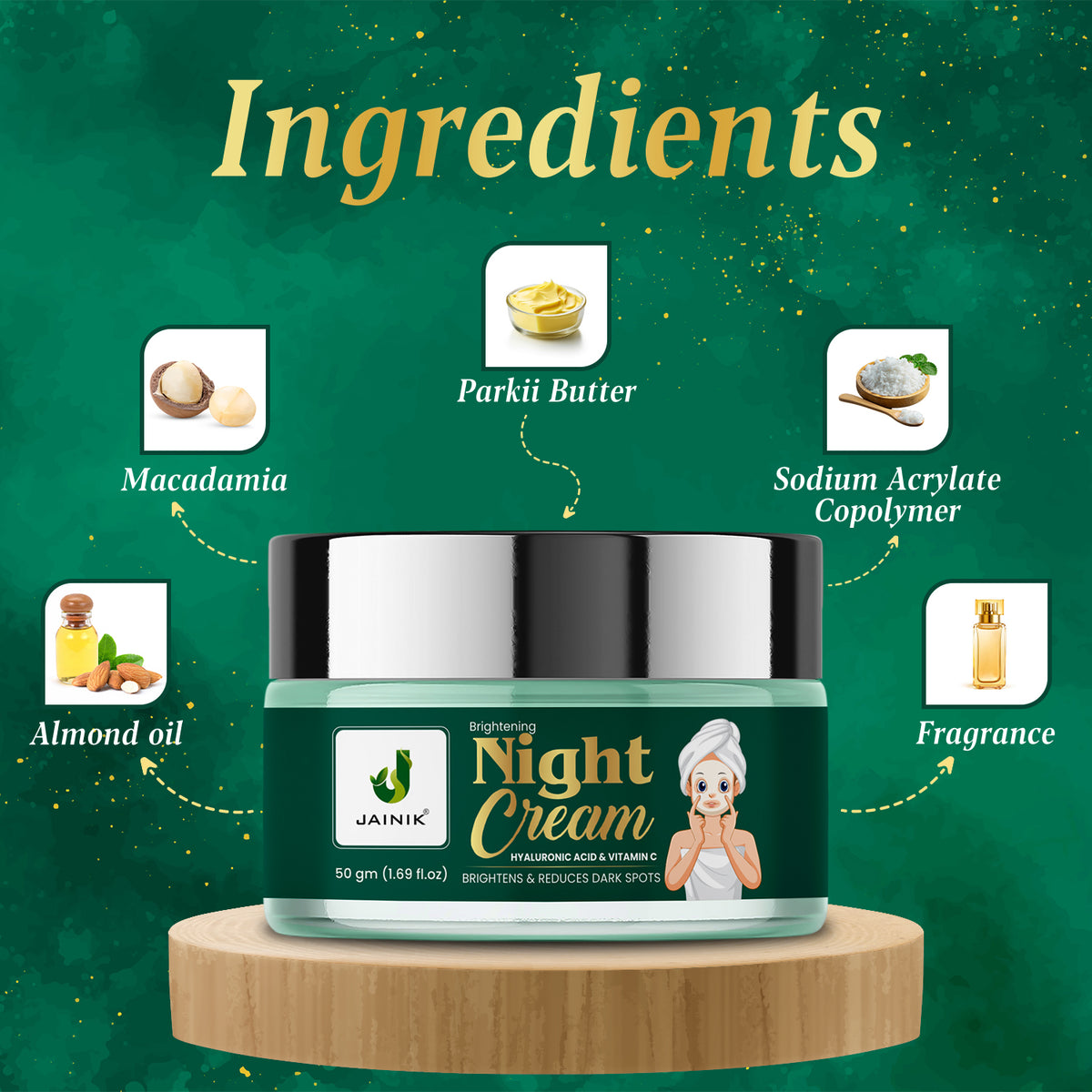 Brightening Night Cream Hyaluronic Acid & Vitamin C Brightens & Reduces Dark Spots (50 gm)
